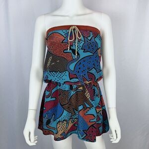 Super Lucky Cat Small Blue Abstract Print Recycled Strapless Mini Dress